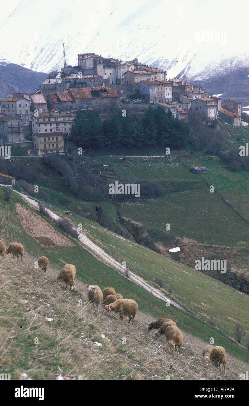 Town Castellucio in Sibellinian Mountains 1450 m one if Itlays highest located towns springtime Umbria Italy Stock Photo