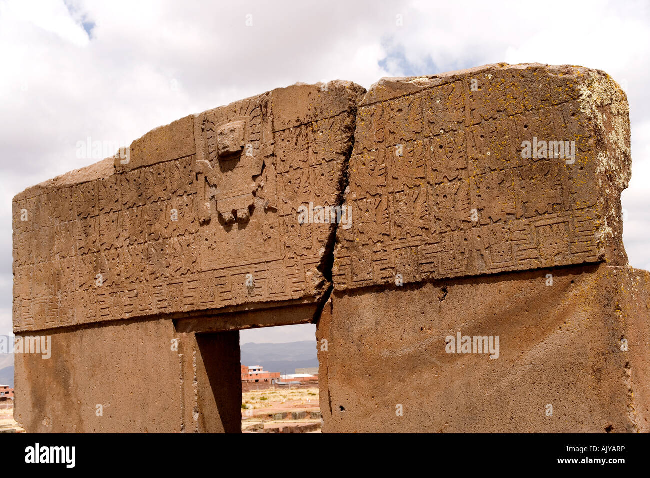 Puerta del Sol, the Gateway of the Sun in the Kalasasaya, the walled temple, at the archaeological site at Tiwanaku,Bolivia Stock Photo