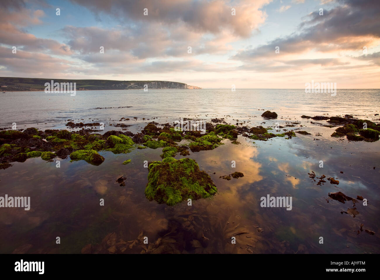 Looking across Swanage Bay, Dorset, towards Ballard Down at sunrise Stock Photo