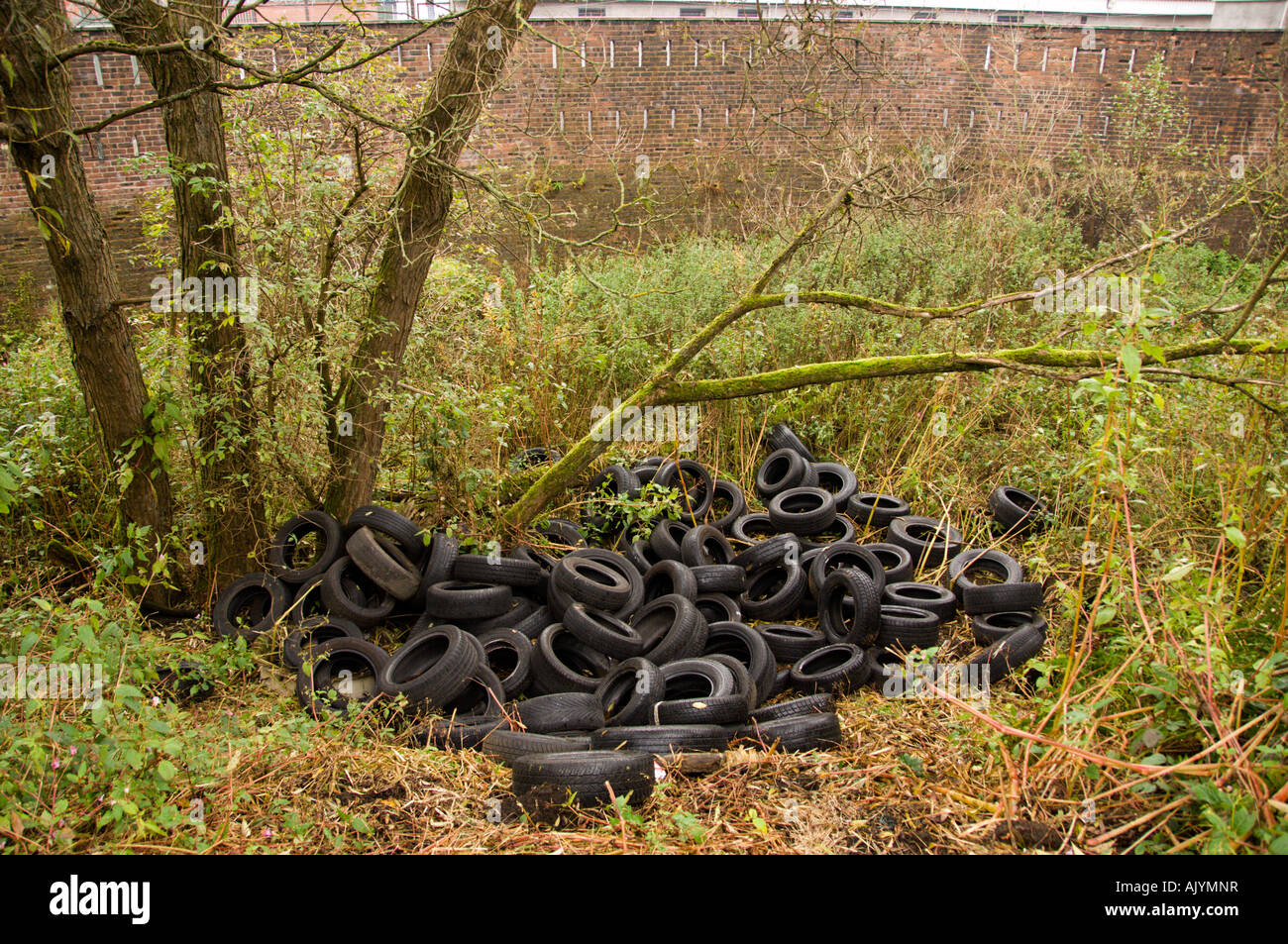 Fly tipping vehicle tyres dumped in Stock Photo