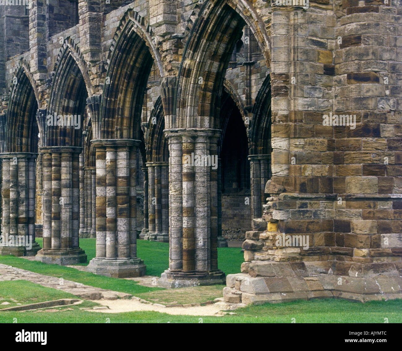 Columns and arches in Whitby Abbey in North Yorkshire Stock Photo