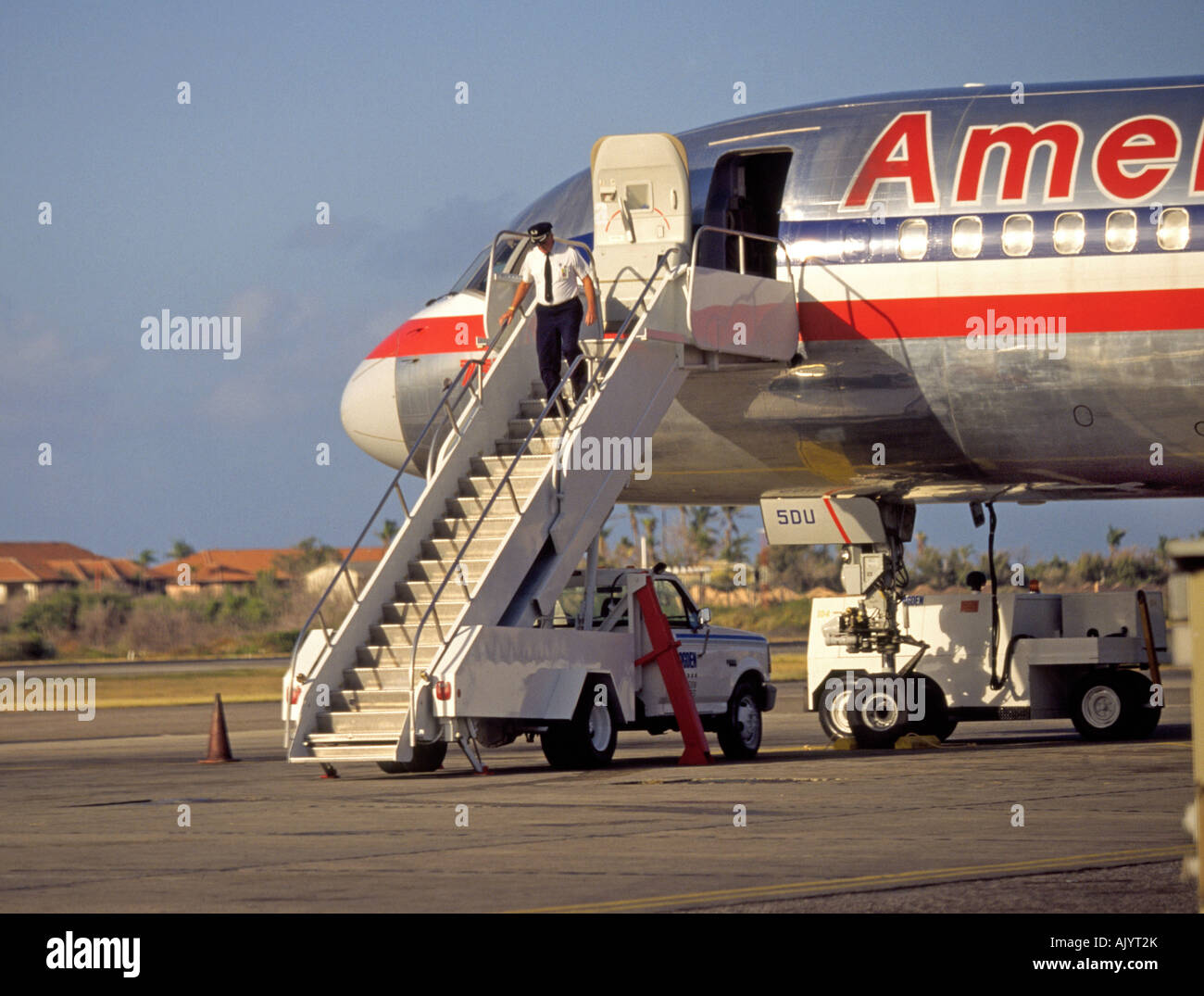 An American Airlines passenger jet on the tarmac at the international airport in Caracas Stock Photo