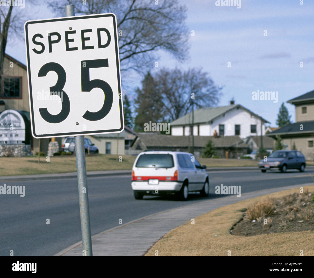A 35 mile per hour sign in a residential section of Texarkana Arkansas Stock Photo