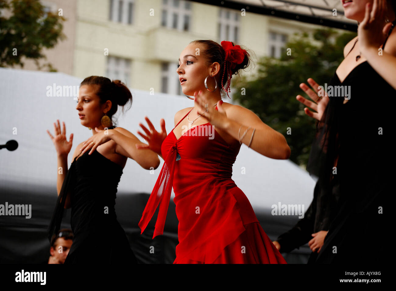 young romany gypsy dancers in latin dance performance in summer festival in Bratislava, Slovakia. Stock Photo