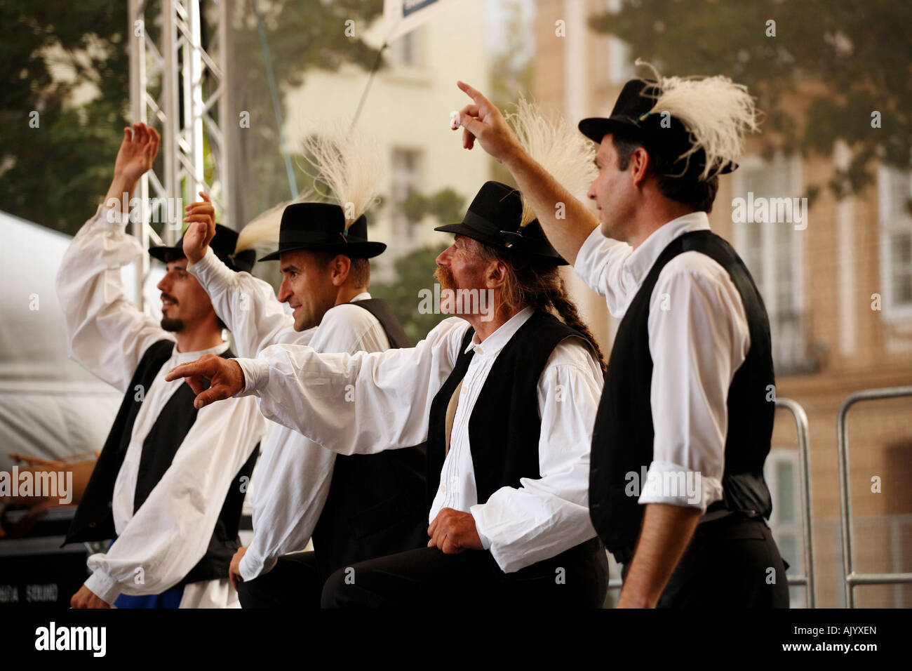 Traditional Hungarian dancing and singing by Slovakian Hungarian minority music folk group in Bratislava, Slovakia. Stock Photo