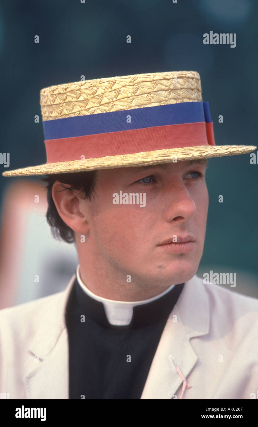 Vicar in straw boater rowing club colours.Henley Royal Regatta. Henley on Thames  Oxfordshire Oxon. UK 1980s, 1985 HOMER SYKES Stock Photo