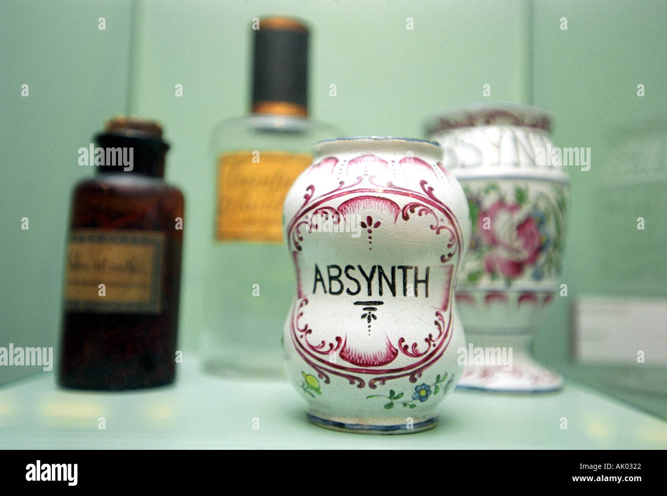 Absinthe display at the Museum of Absinthe in Pontarlier in the French