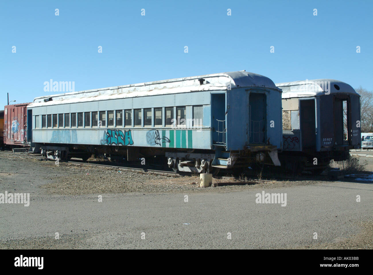Old Railroad Carriages on Southern Santa Fe Railway New Mexico United States America USA Stock Photo