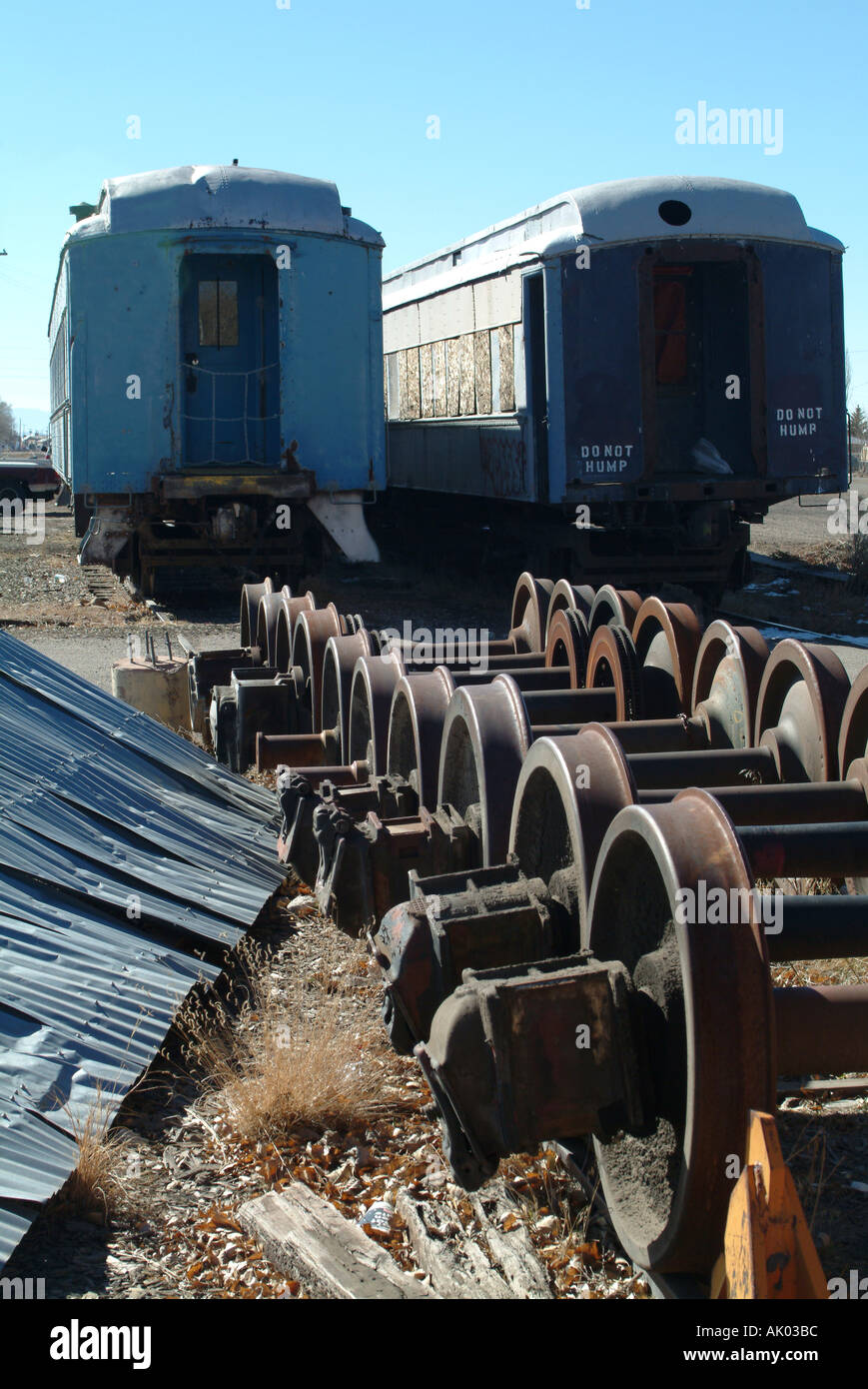 Old Railroad Carriages and Bogie Wheel Sets on Southern Santa Fe Railroad New Mexico United States America USA Stock Photo