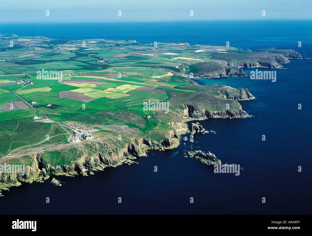 United Kingdom. England. Cornwall. Lands End. Aerial view of cliffs and