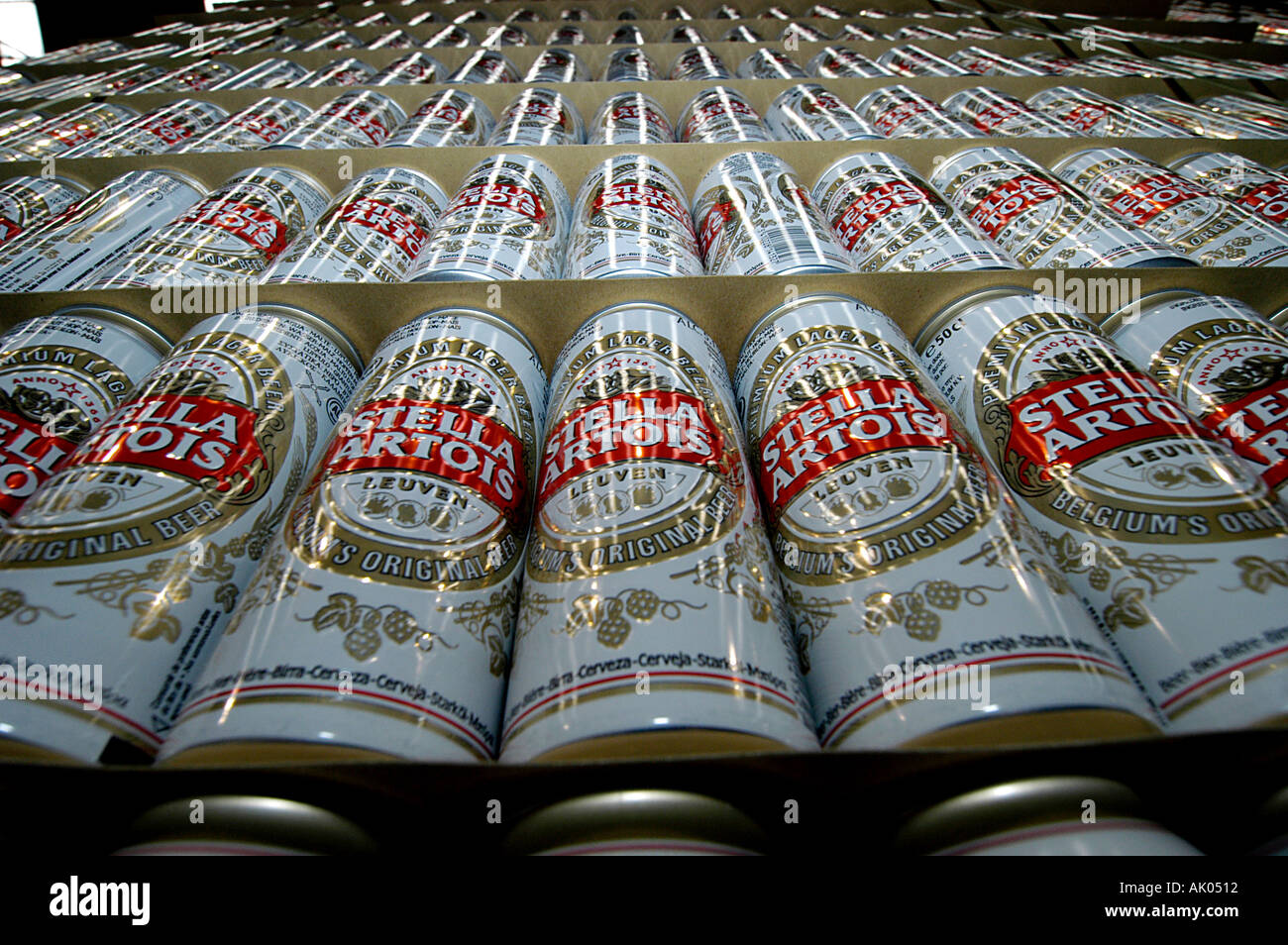 Leuven Belgium Tin cans of Stella Artois beer on the production line at