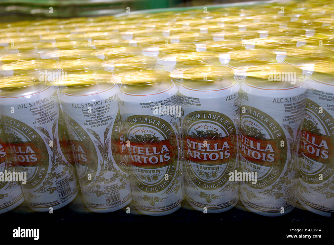 Leuven Belgium Tin cans of Stella Artois beer on the production line at