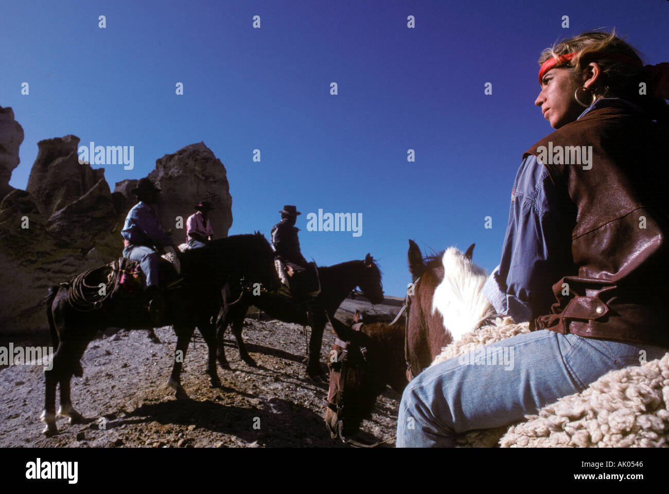 group of riders in the Argeninian Andes Stock Photo