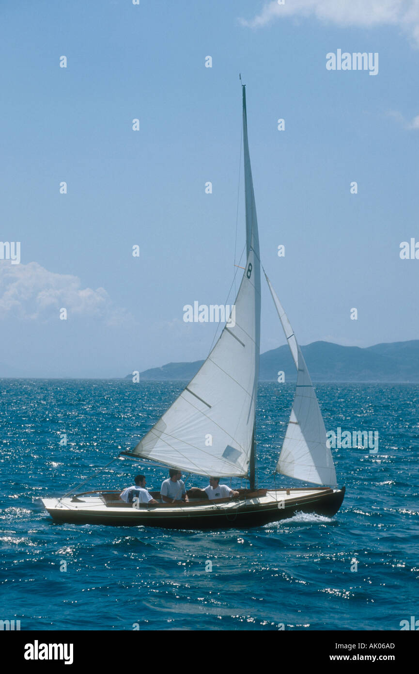 Sailing a Gibraltar based Victory class one design sailing dinghy off Spain Mediterranean Stock Photo