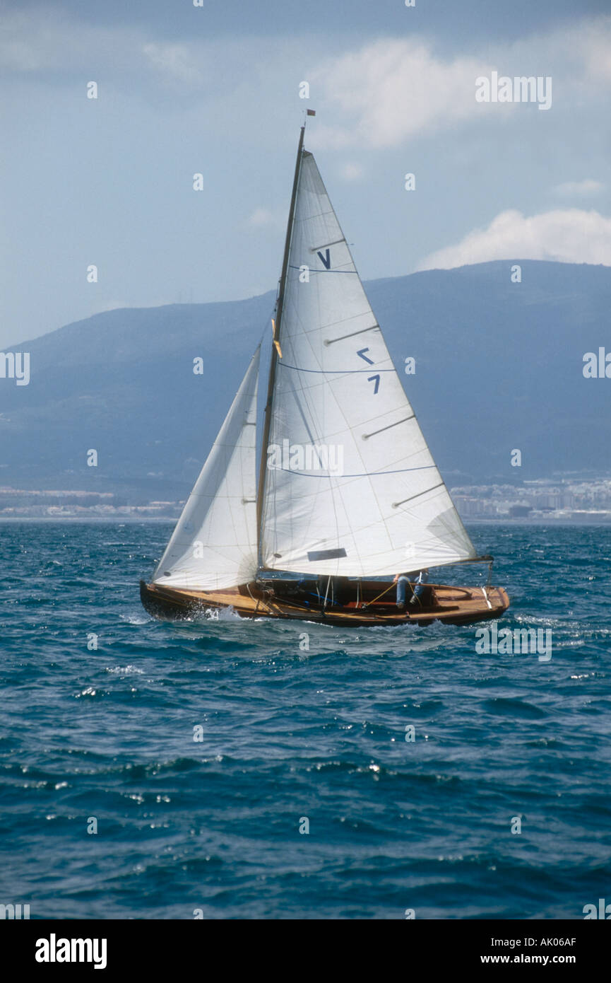 Sailing a Gibraltar based Victory class one design sailing dinghy off