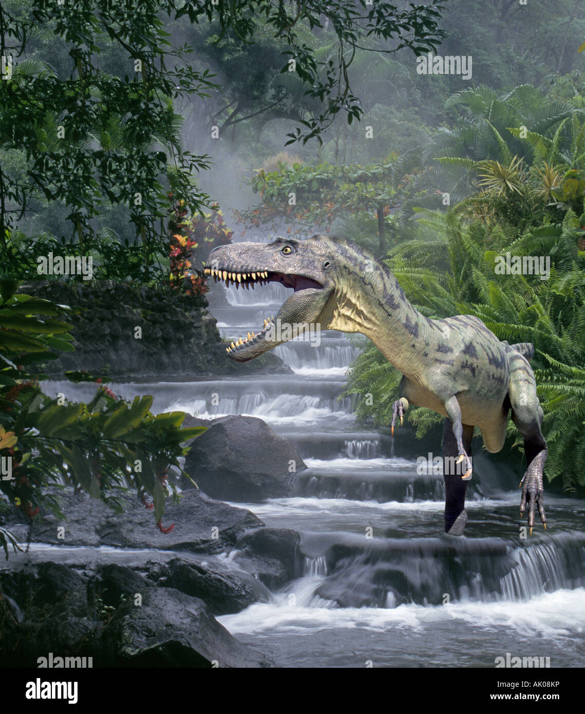 View of a small meat eating dinosaur probably an Alxasaurus hunting along a small stream during the Cretaceous period Stock Photo