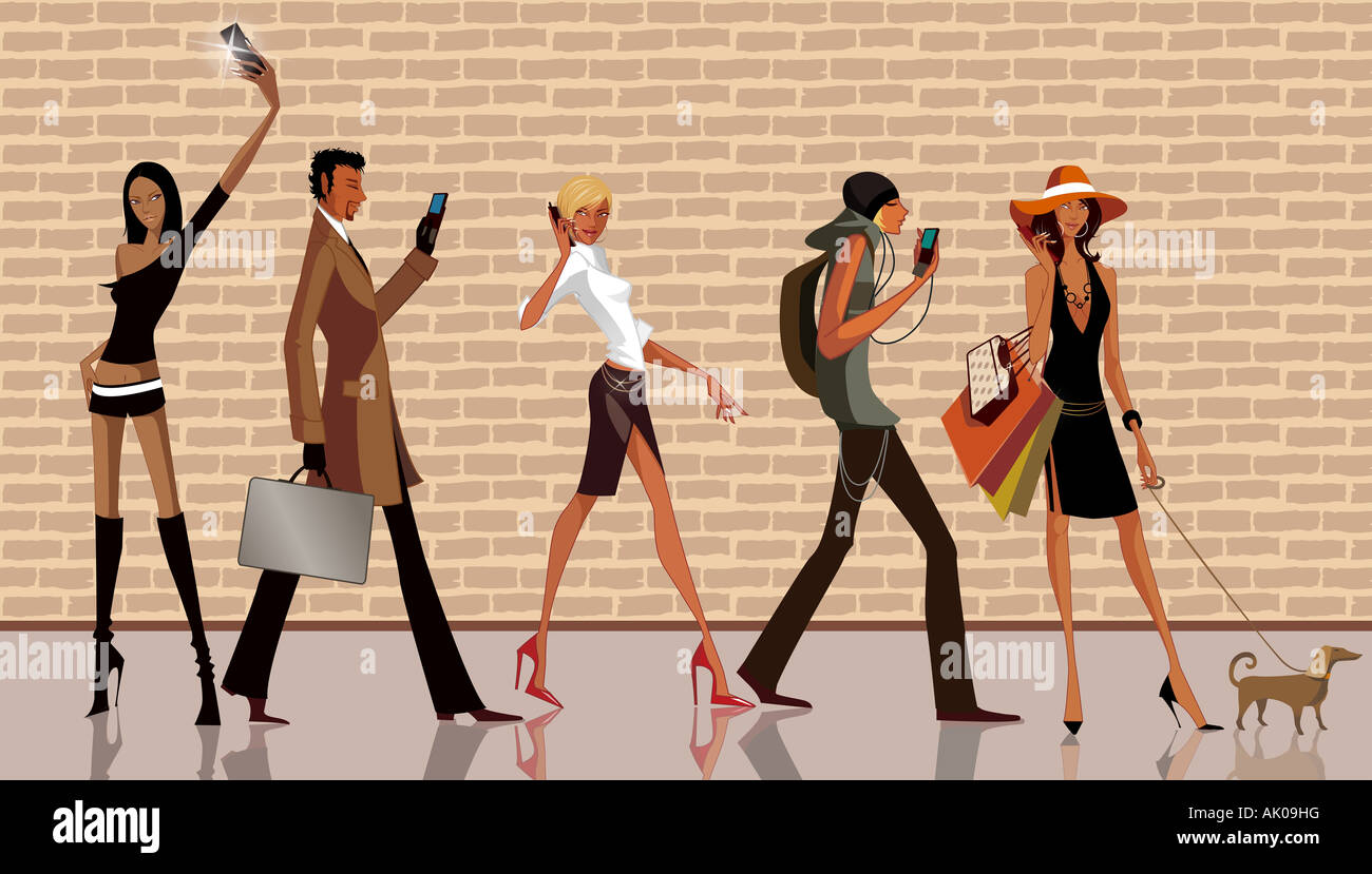 Four women and a man using mobile phones at a sidewalk Stock Photo