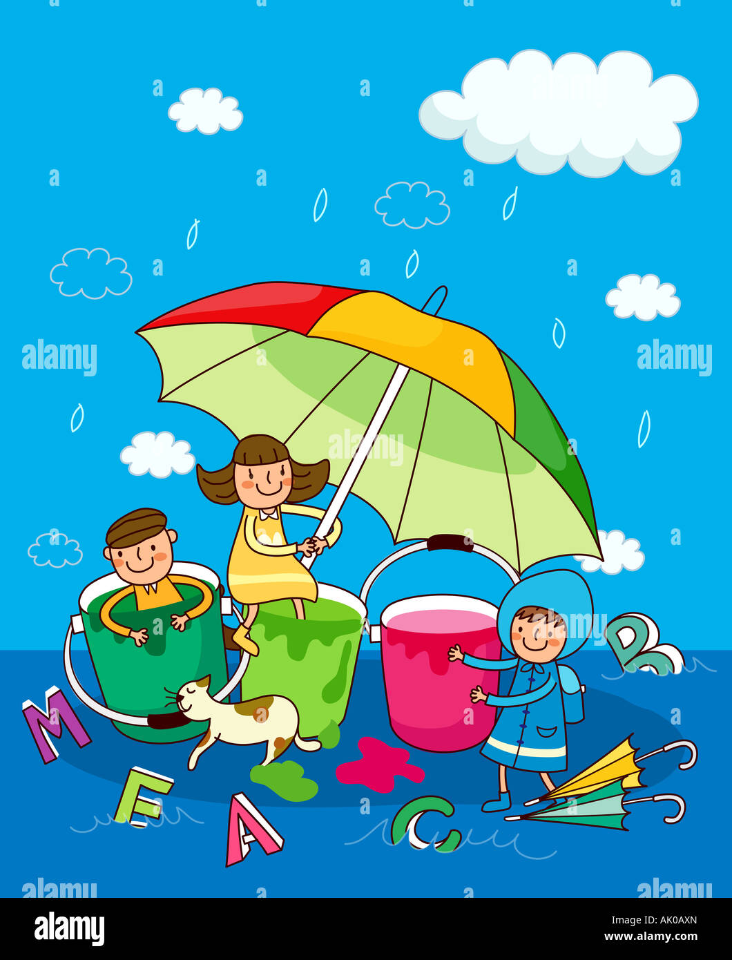 Two girls and a boy under an umbrella in the rain Stock Photo - Alamy