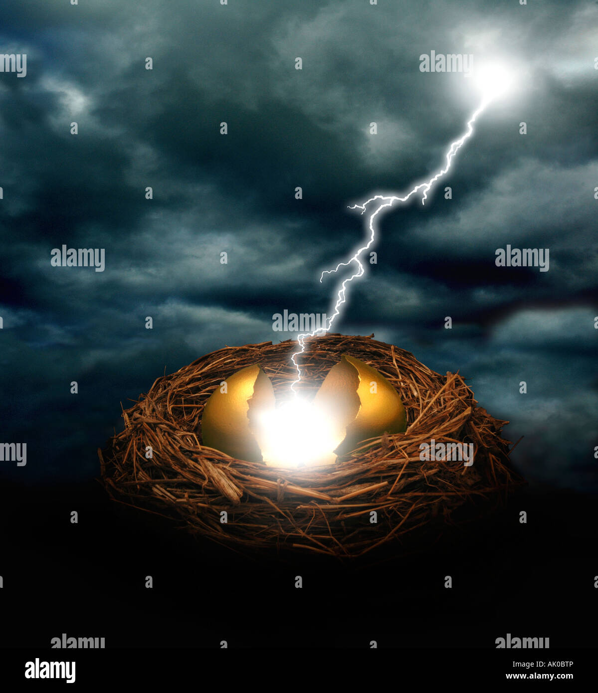 A golden nest egg cracked open by a bolt of lightning under a dark cloudy sky Could symbolize financial crash threat or disaster Stock Photo