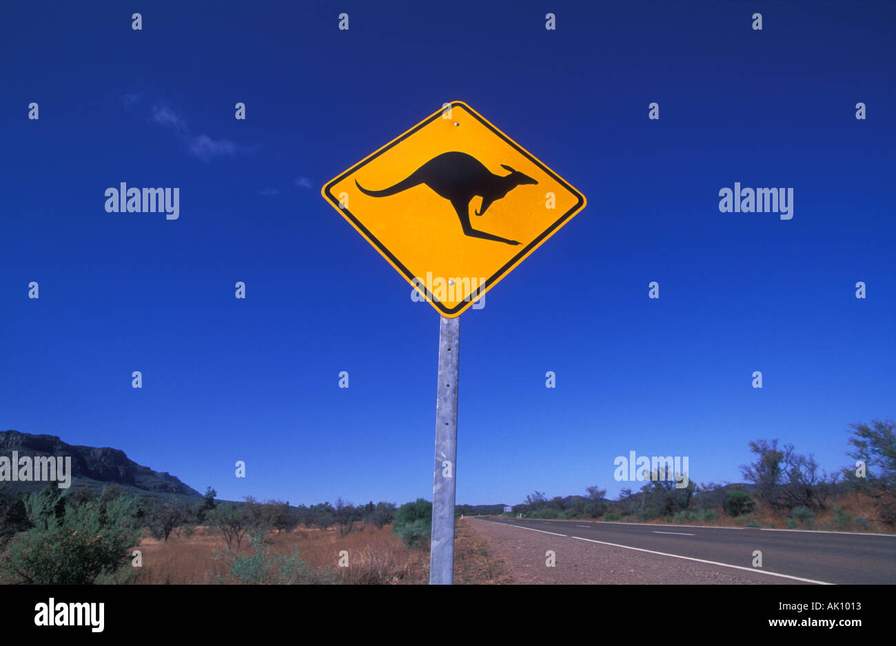 Kangaroo warning sign on an empty outback road in the Flinders range national park near Wilpena South Australia Stock Photo