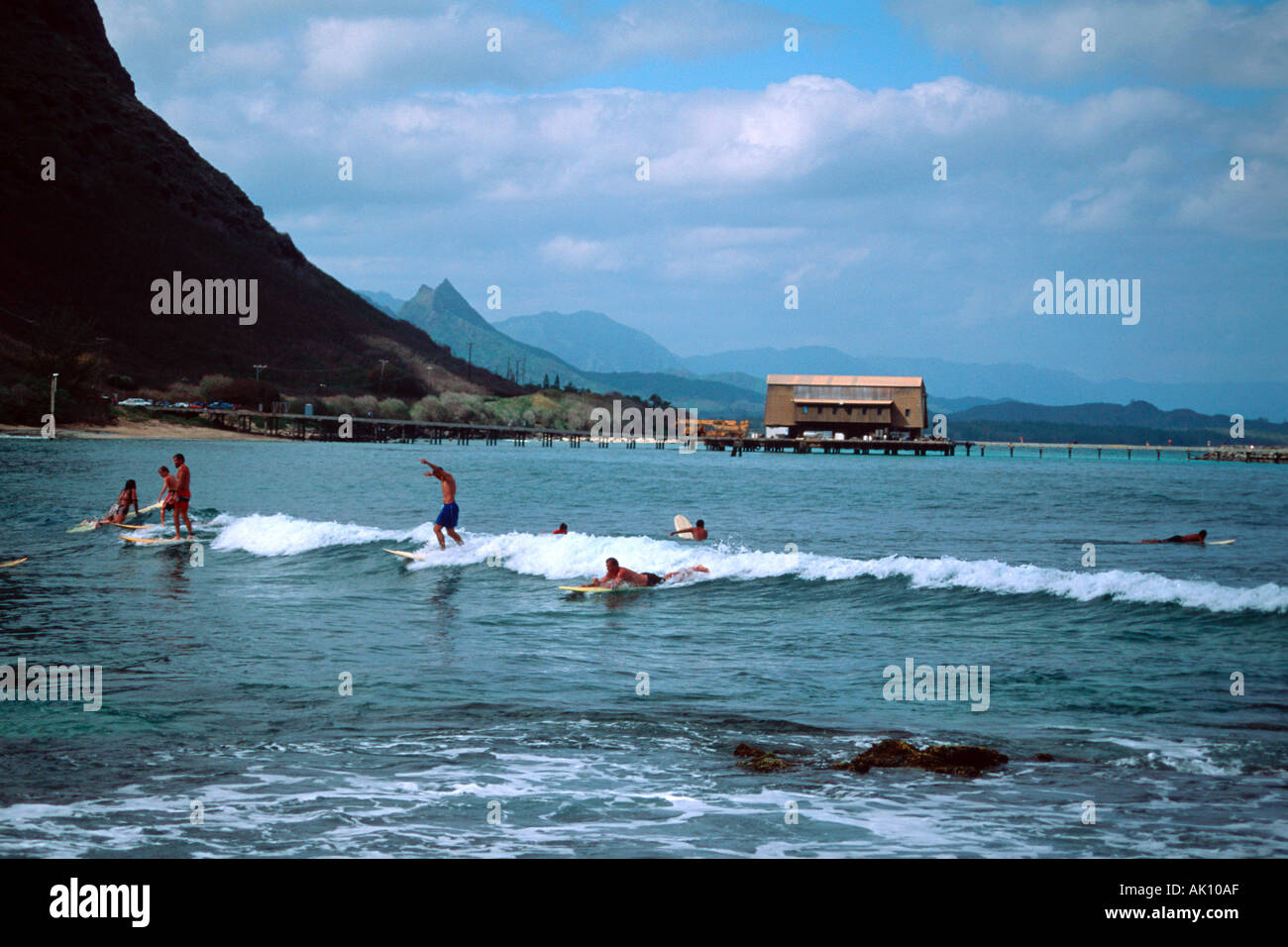 Locals enjoy surfing Makapu point East Oahu Hawaii N Pacific Stock