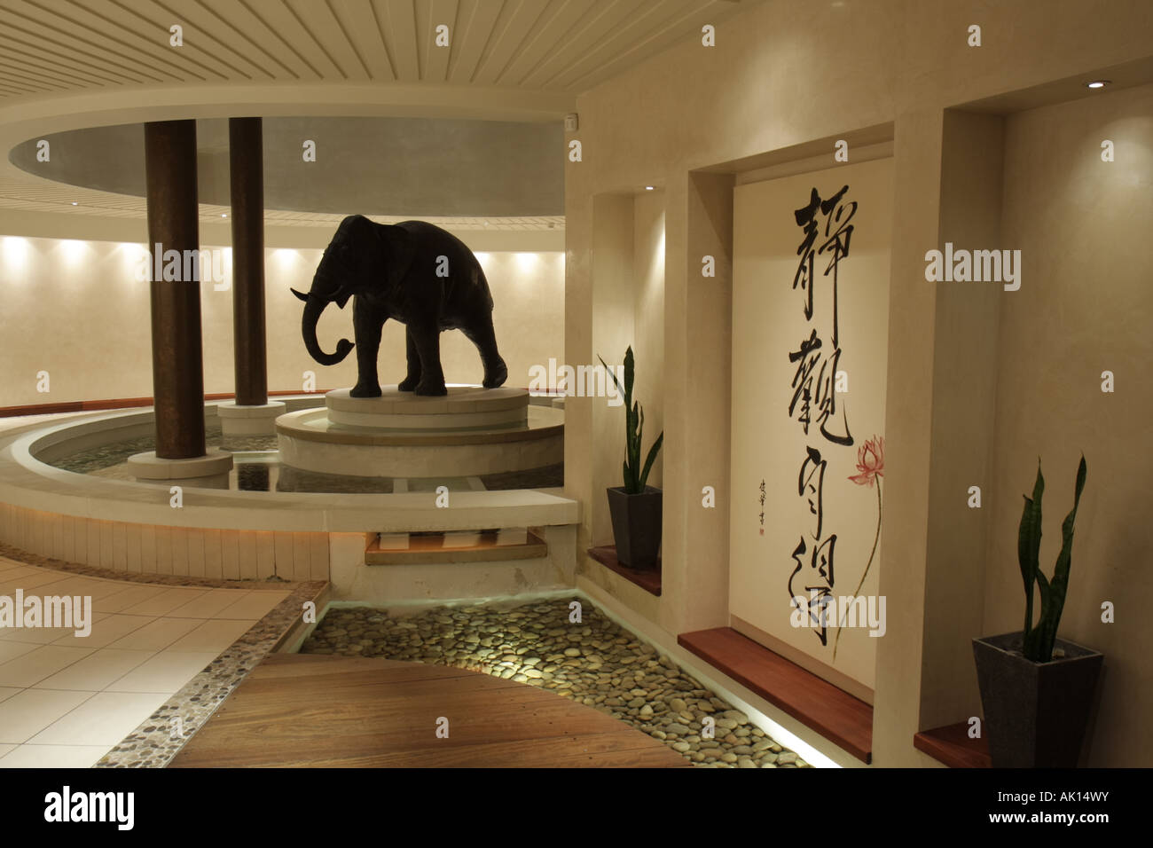 UK England County Durham,Seaham,Seaham Hall Hotel \u0026 Serenity Spa,boardwalk  path,elephant statue,Asian theme,Feng Shui,UK071011066 Stock Photo - Alamy, image size:1300x956