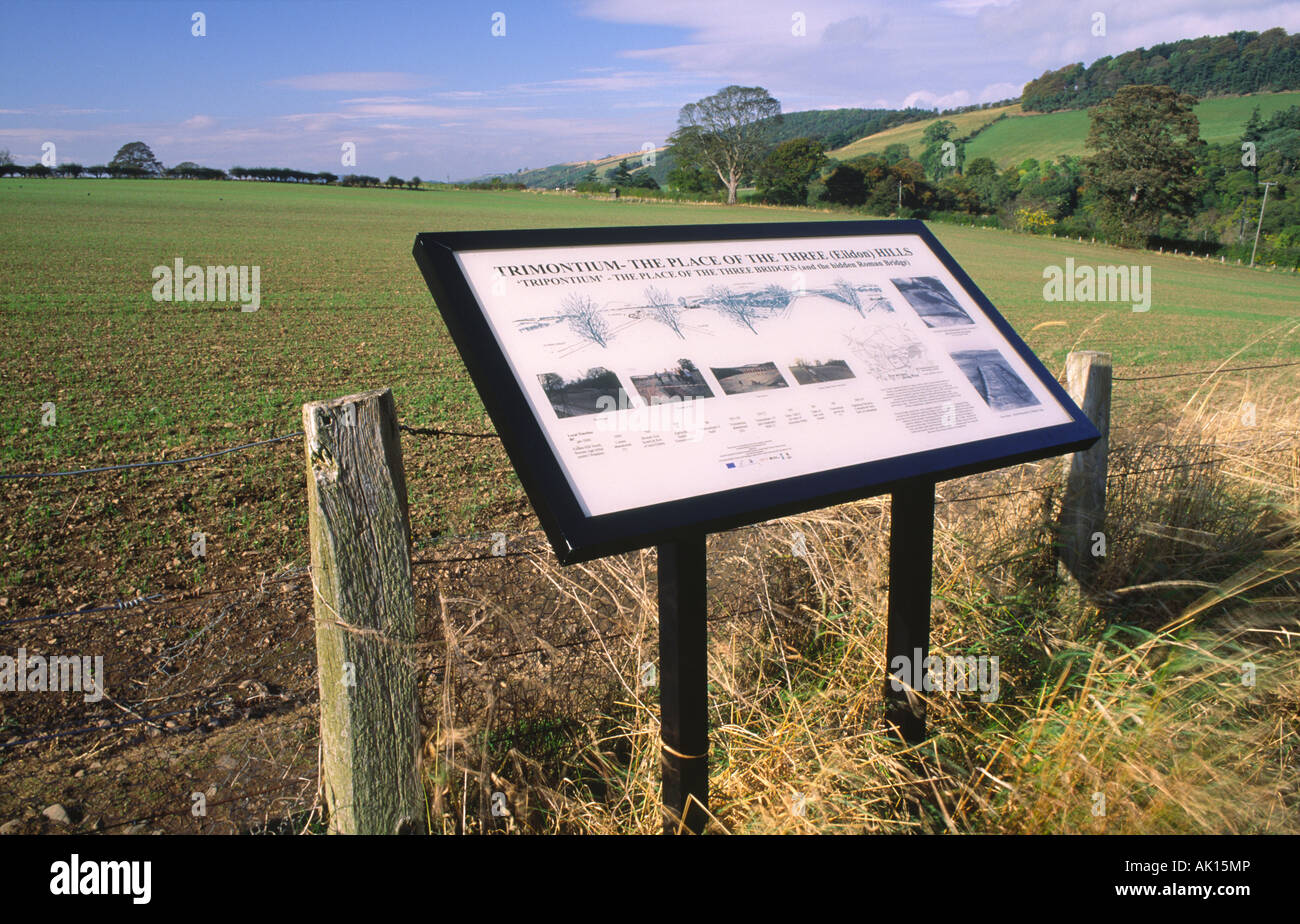 Information board looking onto field where once Trimontium Roman fort stood Leaderfoot near Newstead Scottish Borders Scotland U Stock Photo