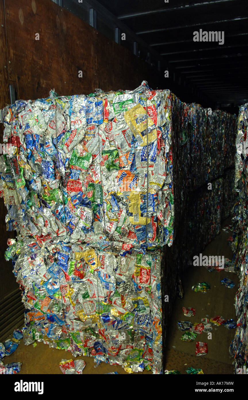 Bales of crushed cans to be recycled at a recycling plant Stock Photo Alamy