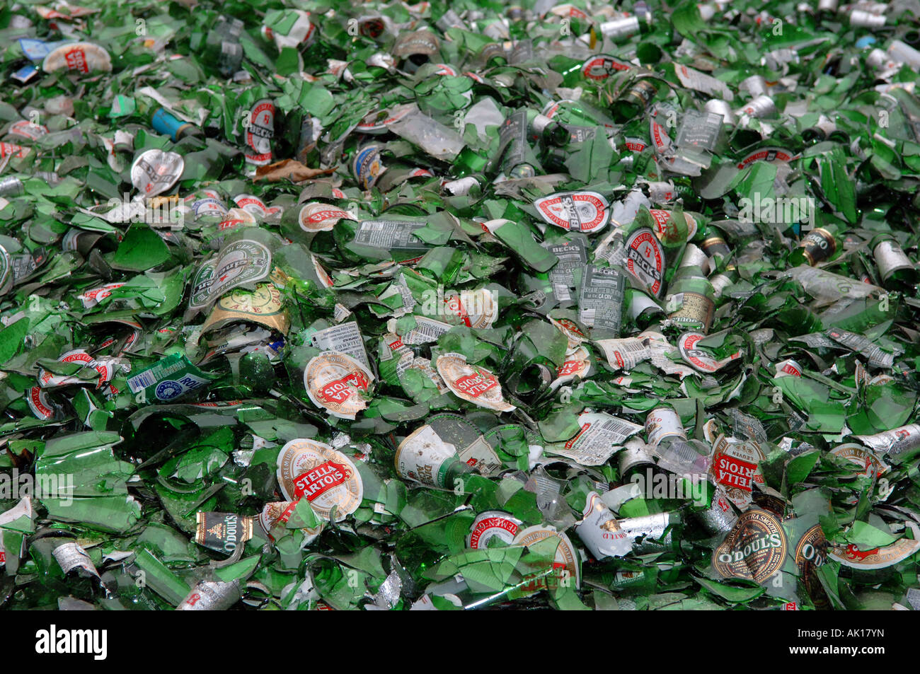 Green glass recyclable material at recycling plant Stock Photo