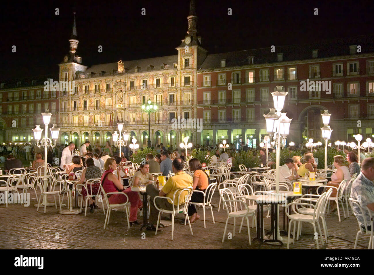 Restaurant at night, Plaza Mayor, Madrid, Spain Stock Photo