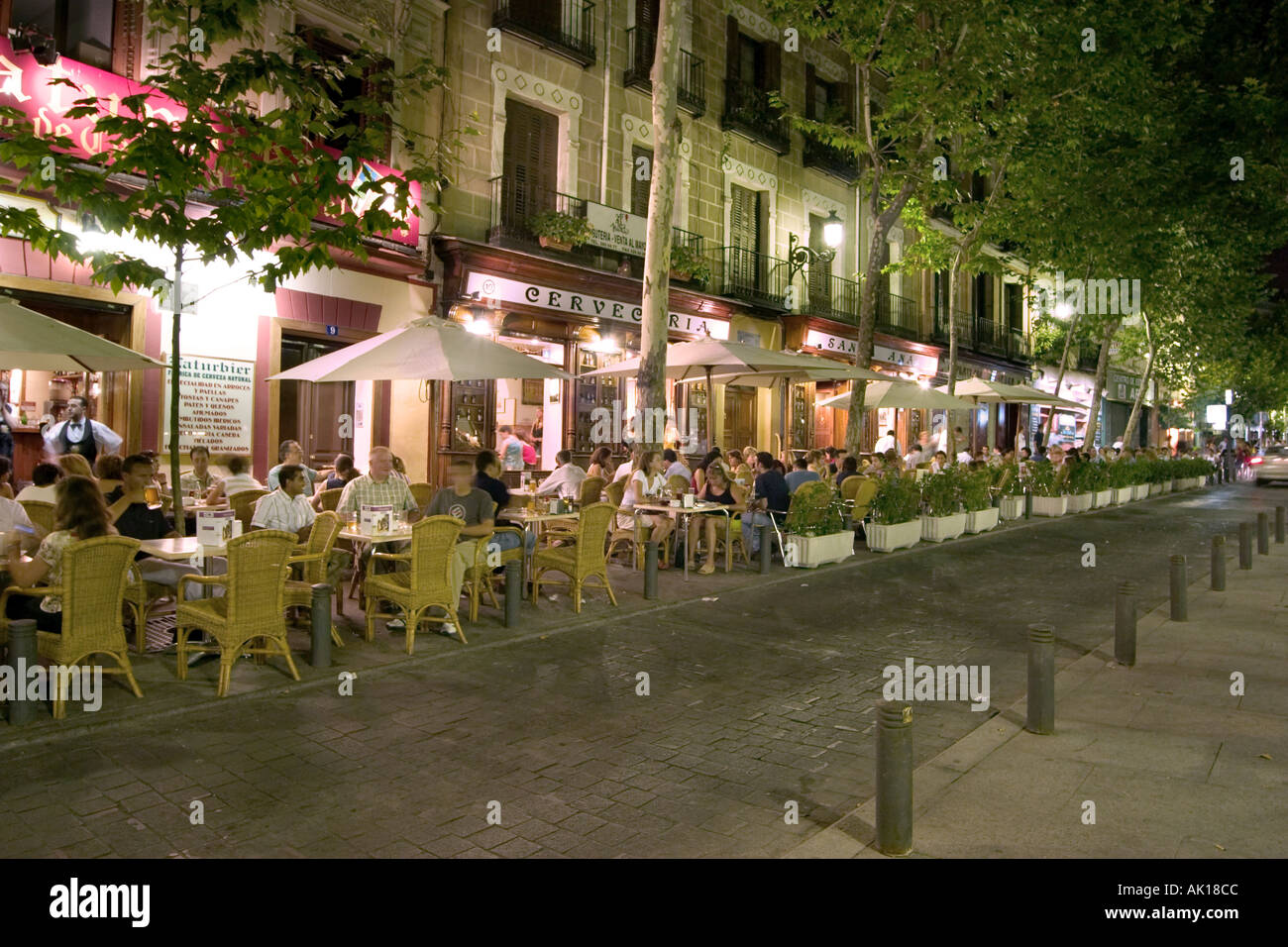 Sidewalk Cafes And Restaurants At Night Plaza Santa Ana Madrid Spain Stock Photo Alamy
