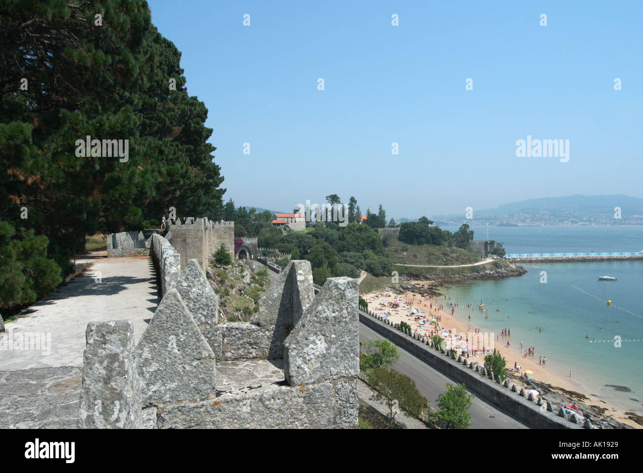 View of the beach from the Medieval Walls, Bayona (Baiona), Galicia