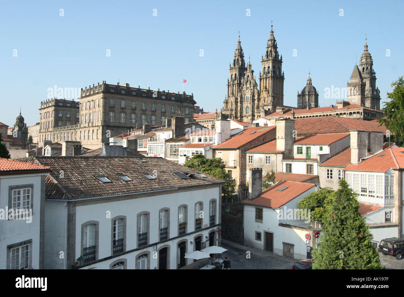 The Cathedral, Palacio de Rajoy (Pazo de Raxoi) and city rooftops in the early evening, Santiago de Compostela, Galicia, Spain Stock Photo