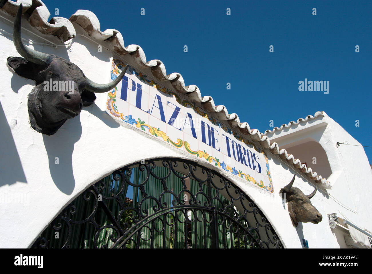 Entrance to the Plaza de Toros (Bullring) in the old town centre, Mijas, Costa del Sol, Andalusia, Spain Stock Photo