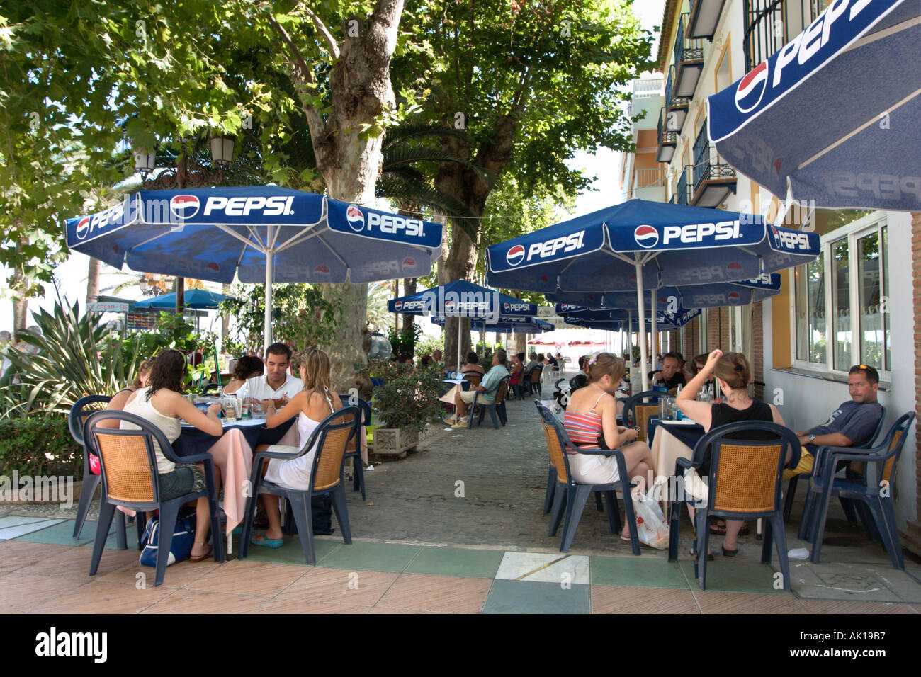 Sidewalk cafe near the Balcon de Europa in the Old Town, Nerja, Costa del Sol, Andalusia, Spain Stock Photo