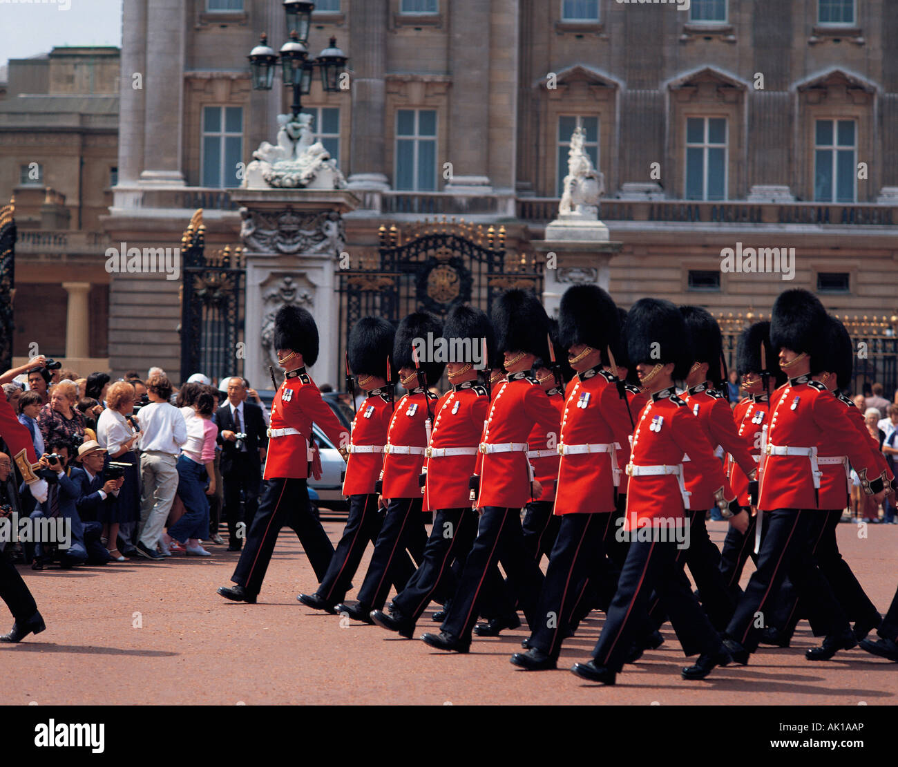 United Kingdom. England. London. Buckingham Palace. Guardsmen marching. Stock Photo