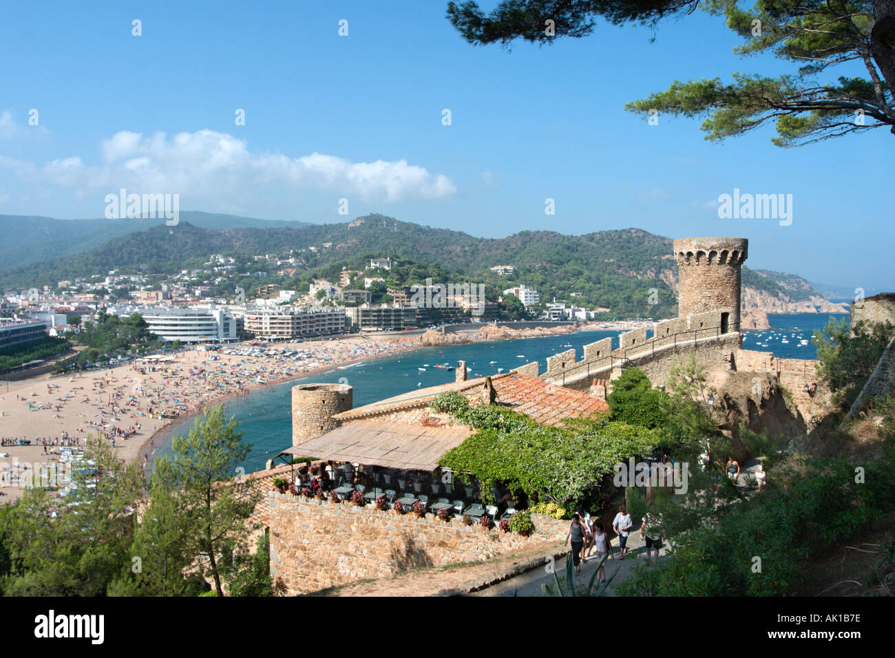 View from the Castle with a restaurant terrace in the foreground, Tossa de Mar, Costa Brava, Catalunya, Spain Stock Photo
