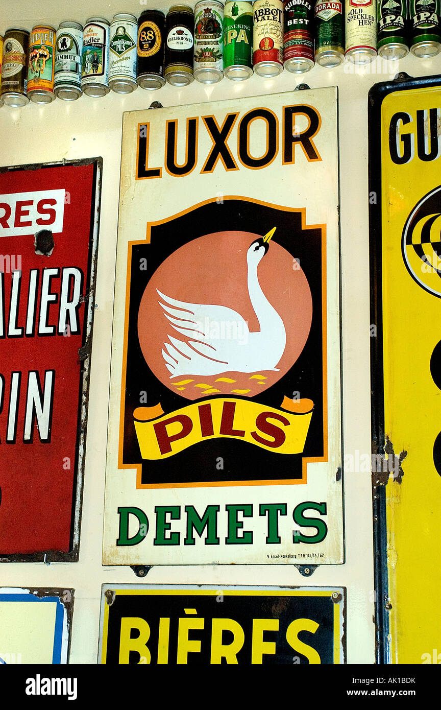 Belgium Belgian sign Beer Brussels bar pub cafe Luxor Pils Demets Stock Photo