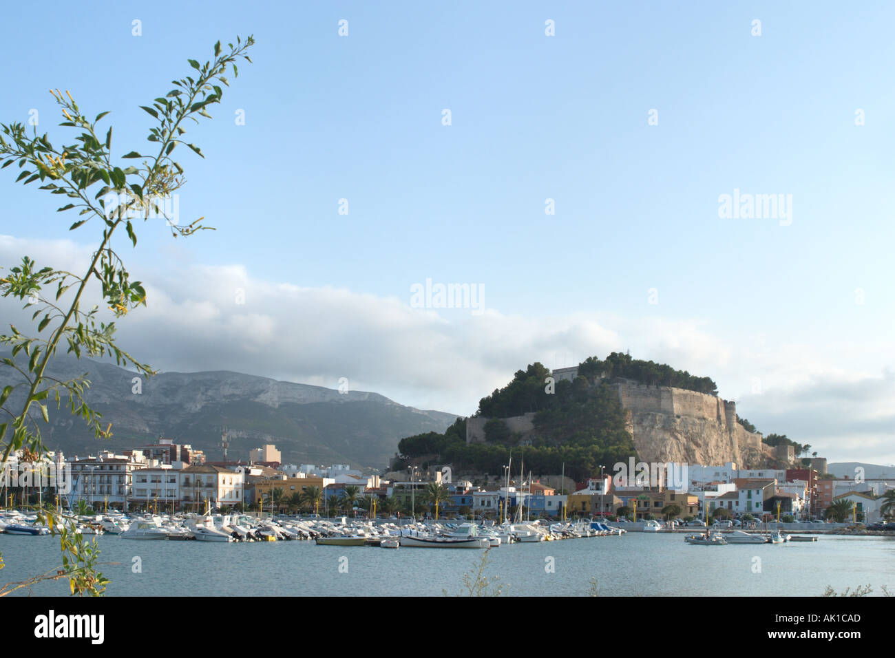 Port and castle in the late afternoon, Denia, Costa Blanca, Spain Stock Photo
