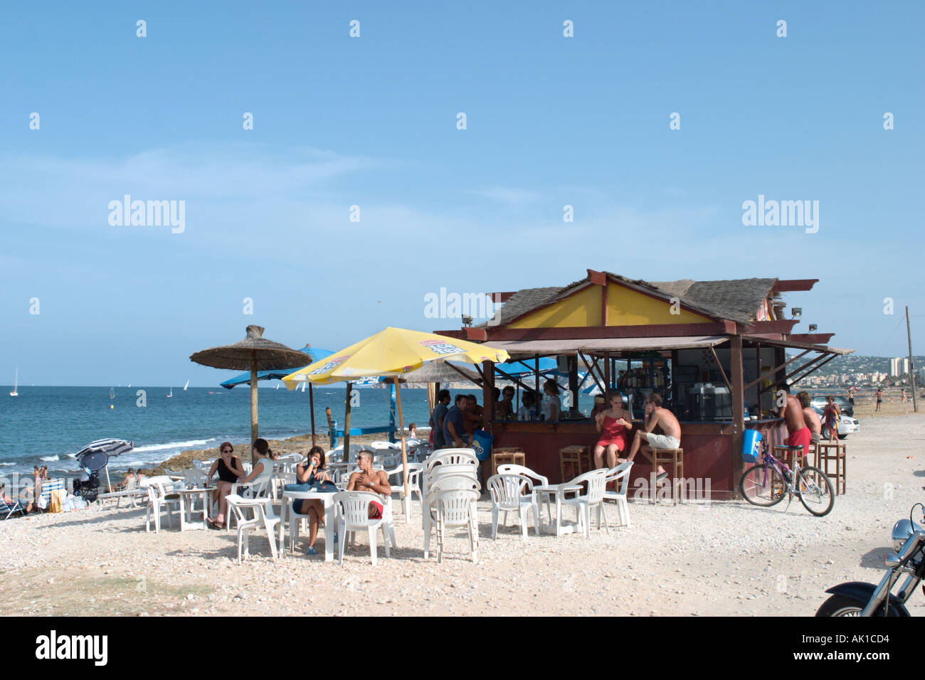 Beach bar on the main Beach, Javea (Xabia), Costa Blanca, Spain Stock Photo