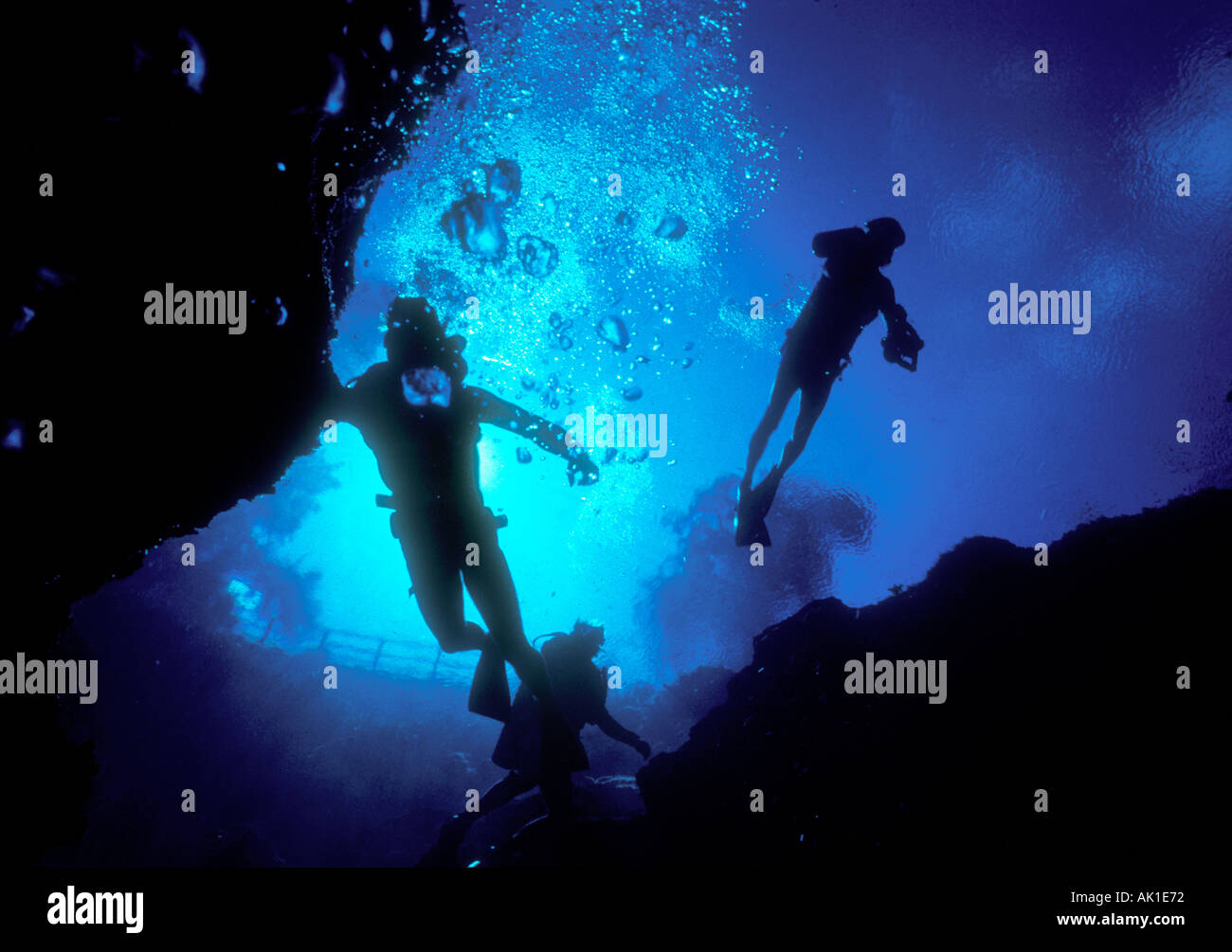 skin divers exploring caves Florida spring USA Stock Photo