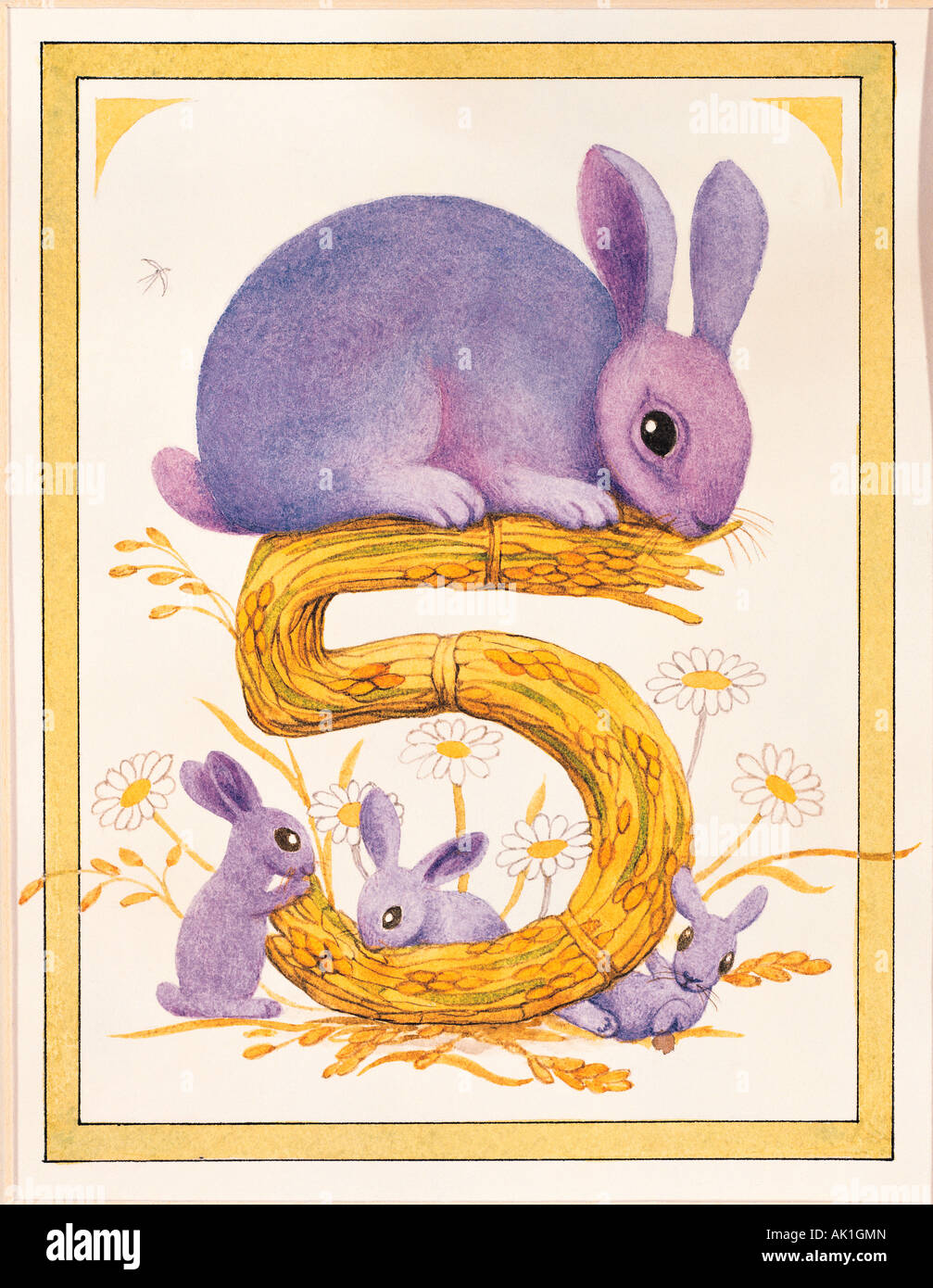 Illustration Of Rabbit Mother And Babies Birthday Card Age 5 Stock illustration-of-rabbit-mother-and-babies-birthday-card-age-5-stock