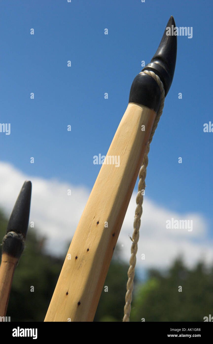 Closeup of end on traditional medieval style wooden longbow Stock Photo