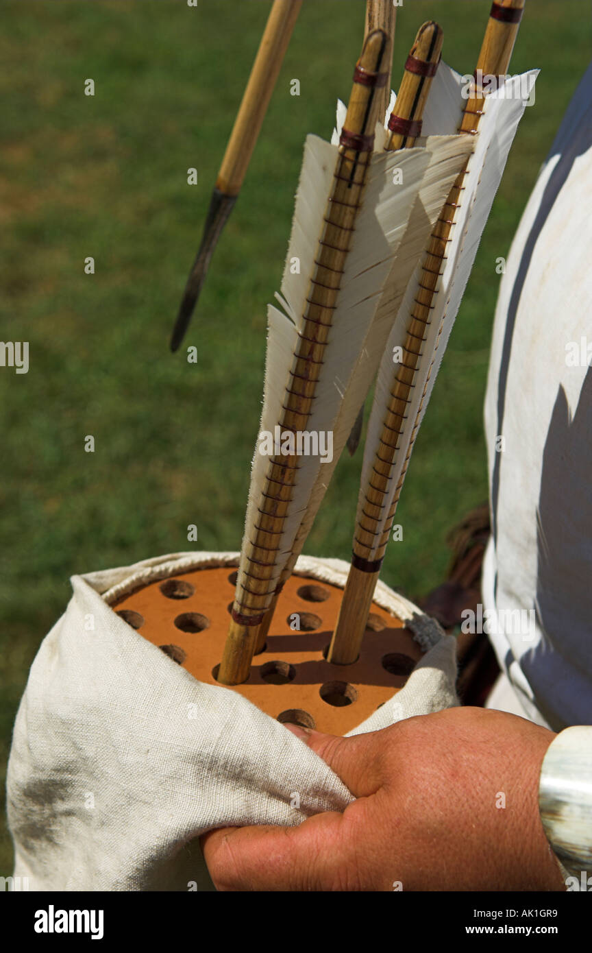 Closeup of armour piercing arrows as used with traditional wooden longbow bing inserted in quiver Stock Photo