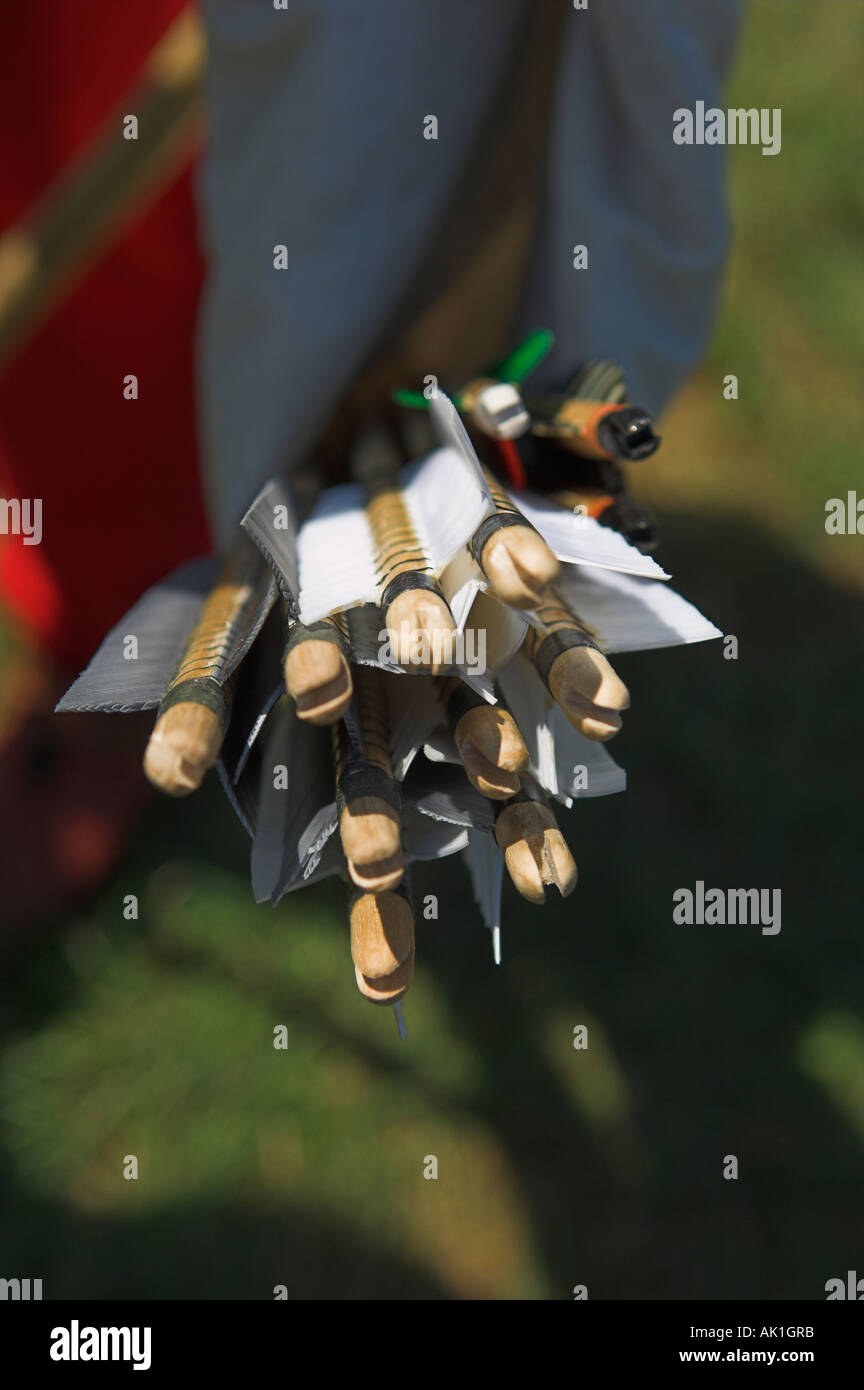 Closeup of armour piercing arrows as used with traditional wooden longbow in quiver Stock Photo