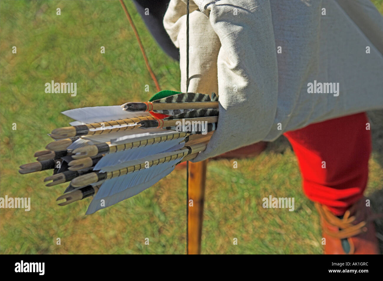 Closeup of armour piercing arrows in quiver as used with traditional wooden longbow Stock Photo