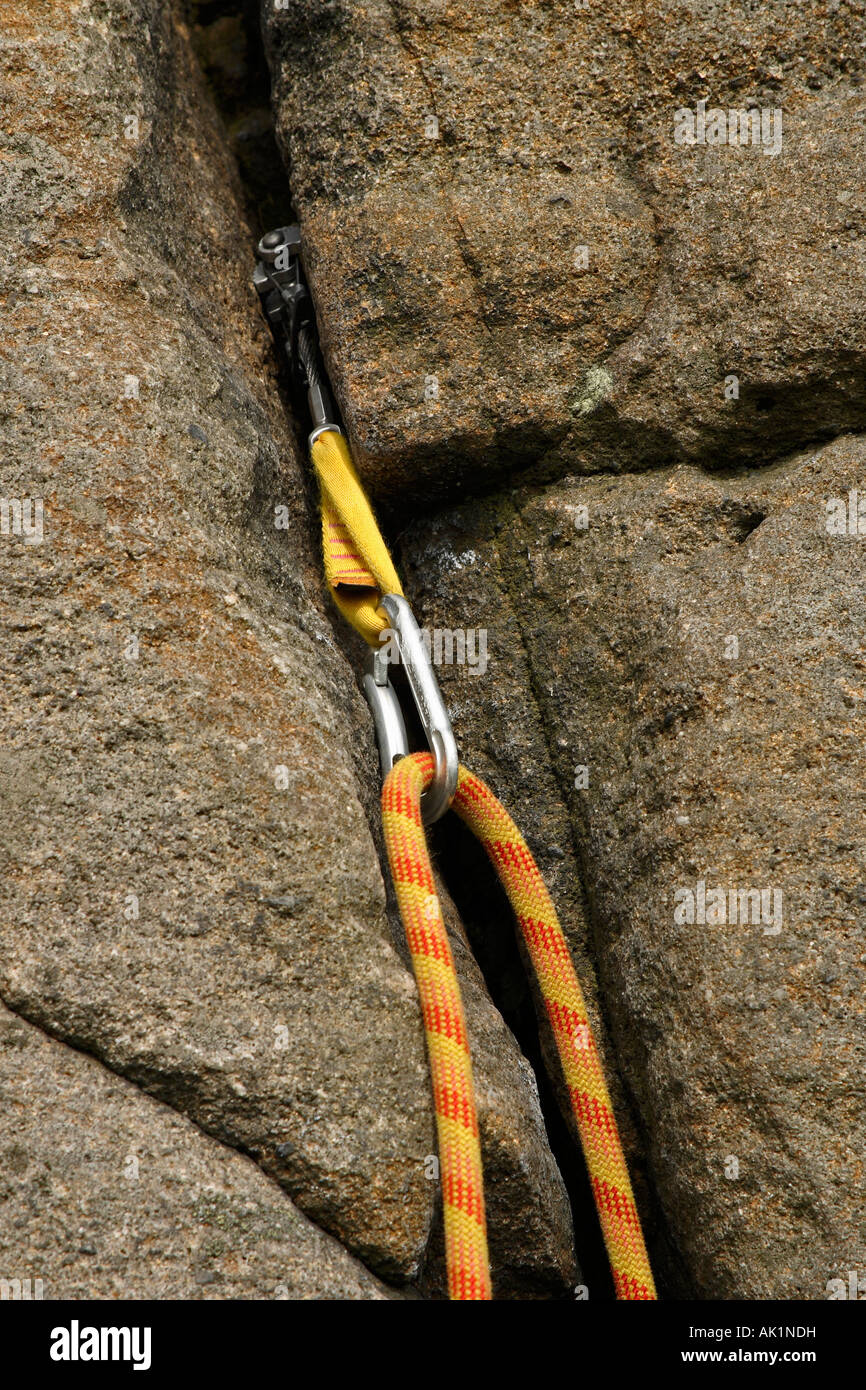 Climbing Equipment on a rock Peak District, England, UK Stock Photo