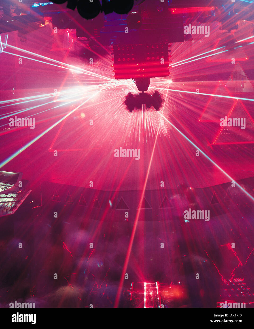 England. London. Laser light show and people dancing at The Qube Project nightclub. Stock Photo