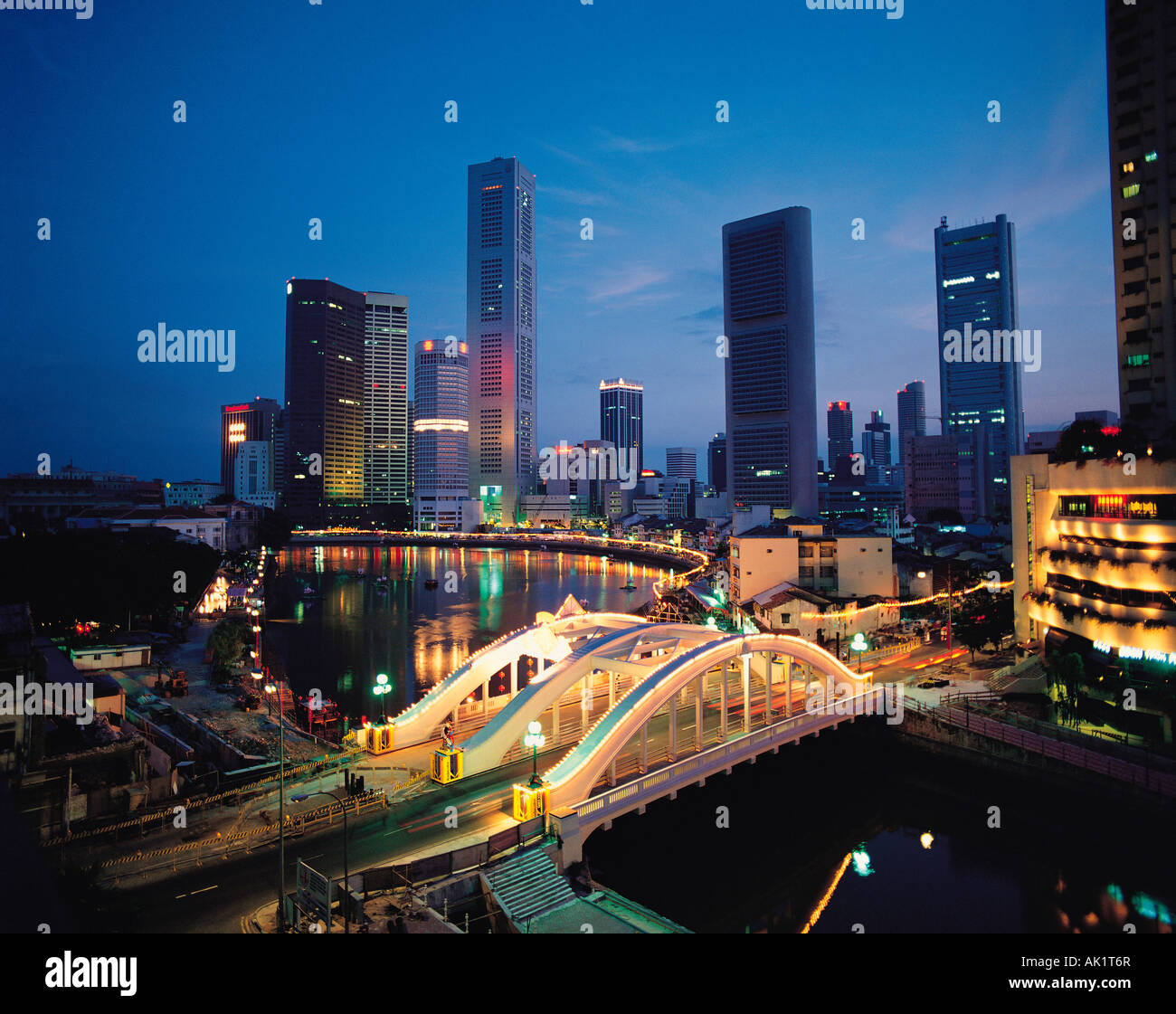 Travel, Singapore, City buildings at night, Stock Photo