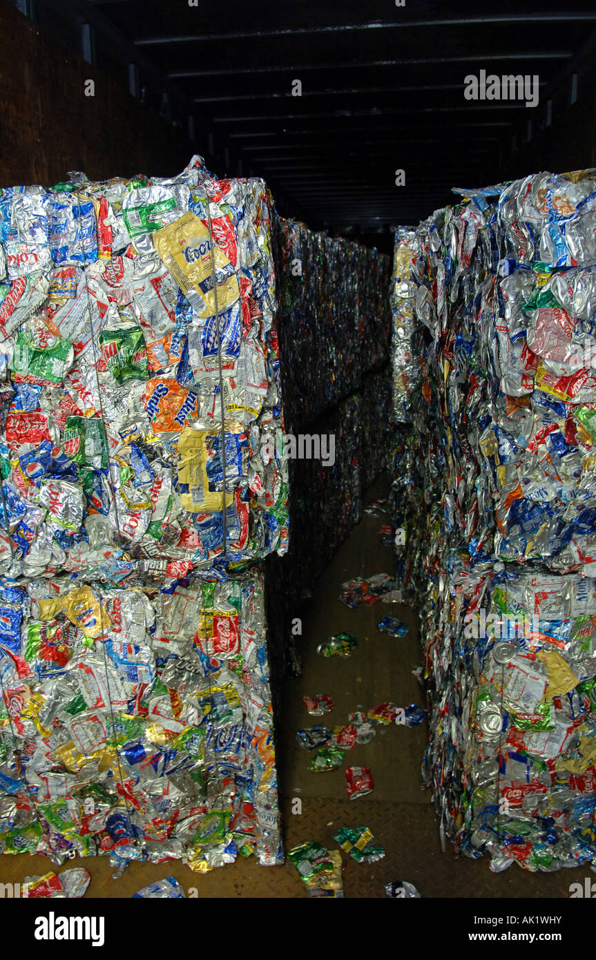 Bales of crushed cans to be recycled at a recycling plant Stock Photo
